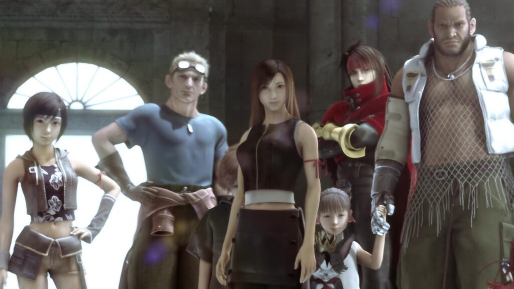 AVALANCE Reunion: Tifa Lockhart, Yuffie Kisaragi, Cid Highwind, Vincent Valentine, and Barret Wallace, standing together with children in a hopeful moment.