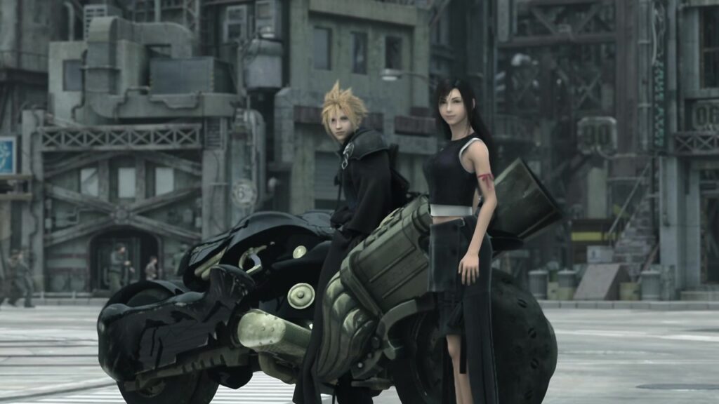 Cloud Strife and Tifa Lockhart standing beside Cloud’s iconic Fenrir motorcycle in the city of Edge.